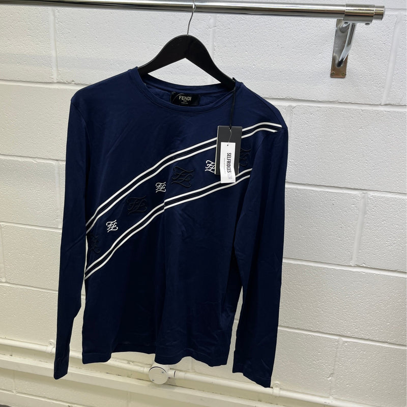 Men's Embroidered Diagonal Stripes Long Sleeve T-Shirt Navy Size L