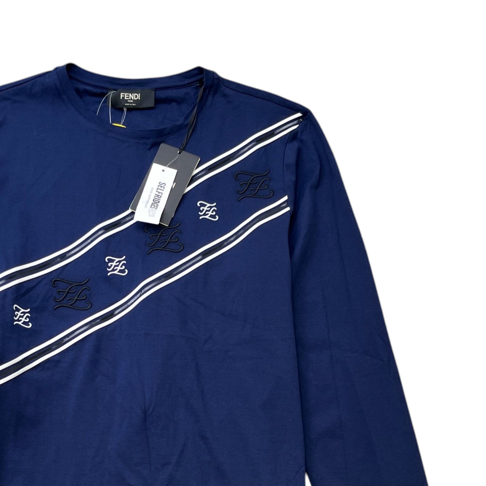 Men's Embroidered Diagonal Stripes Long Sleeve T-Shirt Navy Size L - Photo 3