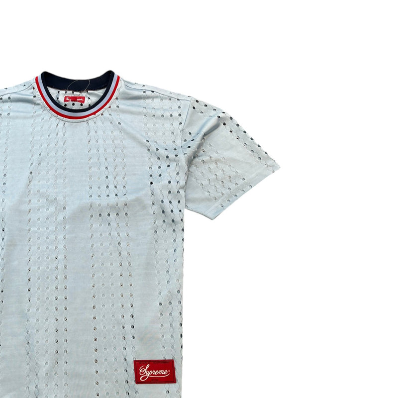 Men's Crochet Football Jersey Polo Shirt Blue Size S