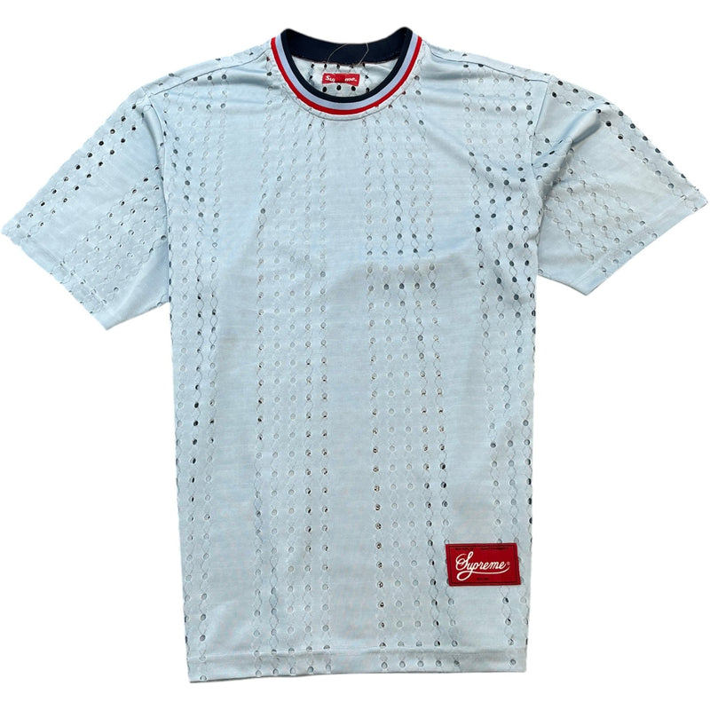 Men's Crochet Football Jersey Polo Shirt Blue Size S
