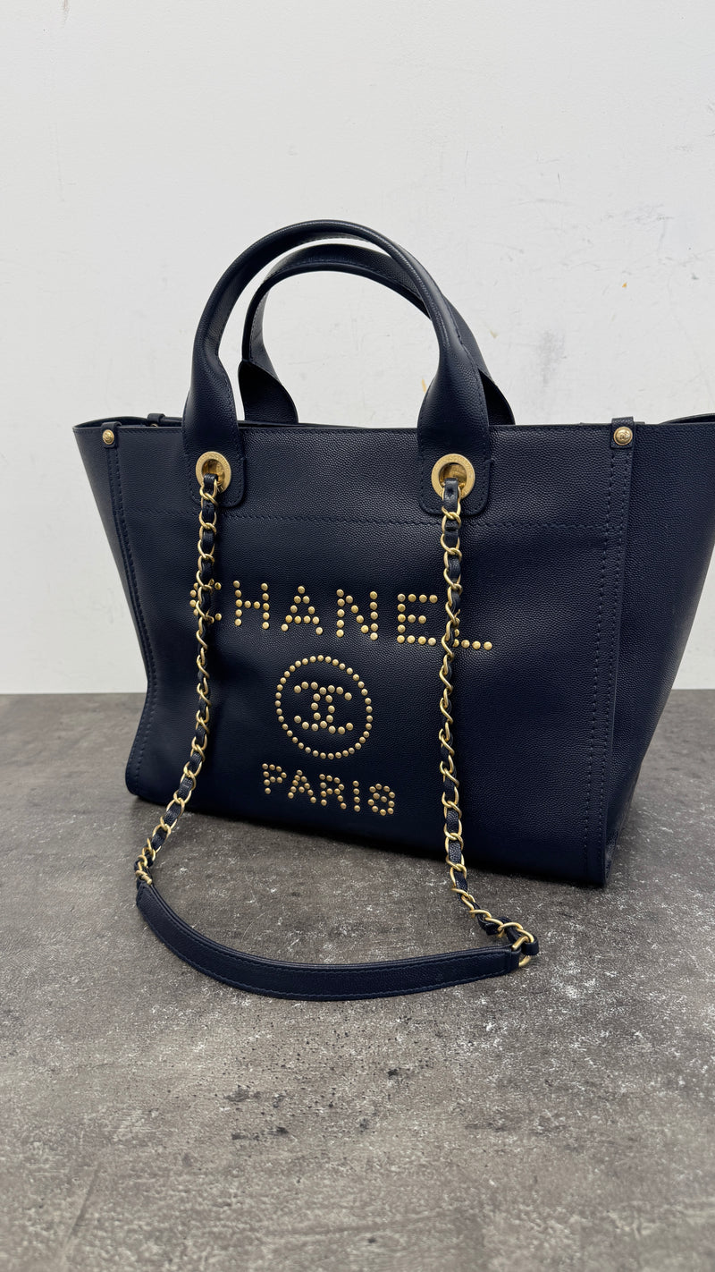 Women's Small Studded Deauville Tote Handbag Navy