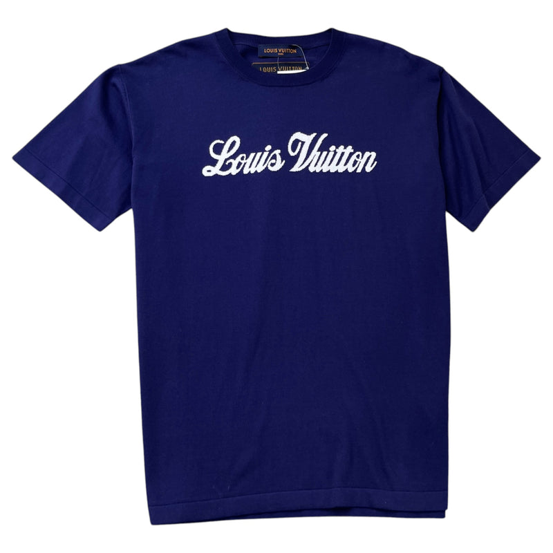 Men's Script Logo Intarsia Knit T-Shirt Navy Size L