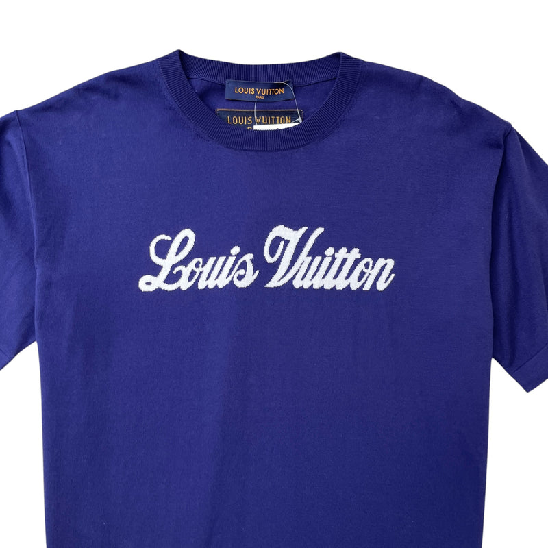 Men's Script Logo Intarsia Knit T-Shirt Navy Size L