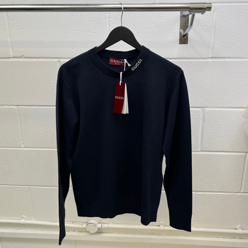 Men's Collar Logo Long Sleeve T-Shirt Navy Size M