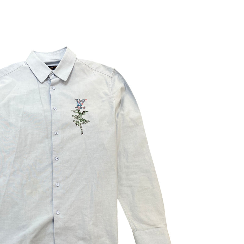 Men's Embroidered Floral Logo Long Sleeve Shirt Blue Size S