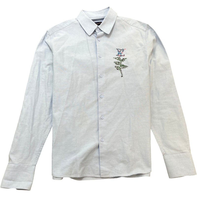 Men's Embroidered Floral Logo Long Sleeve Shirt Blue Size S