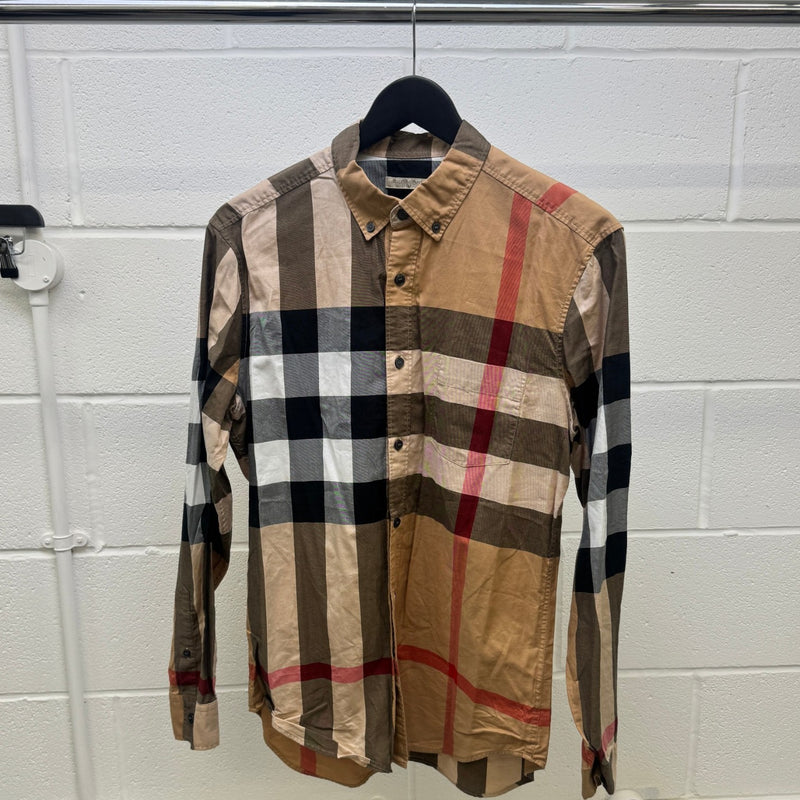 Men's Checkered Long Sleeve Shirt Beige Size M