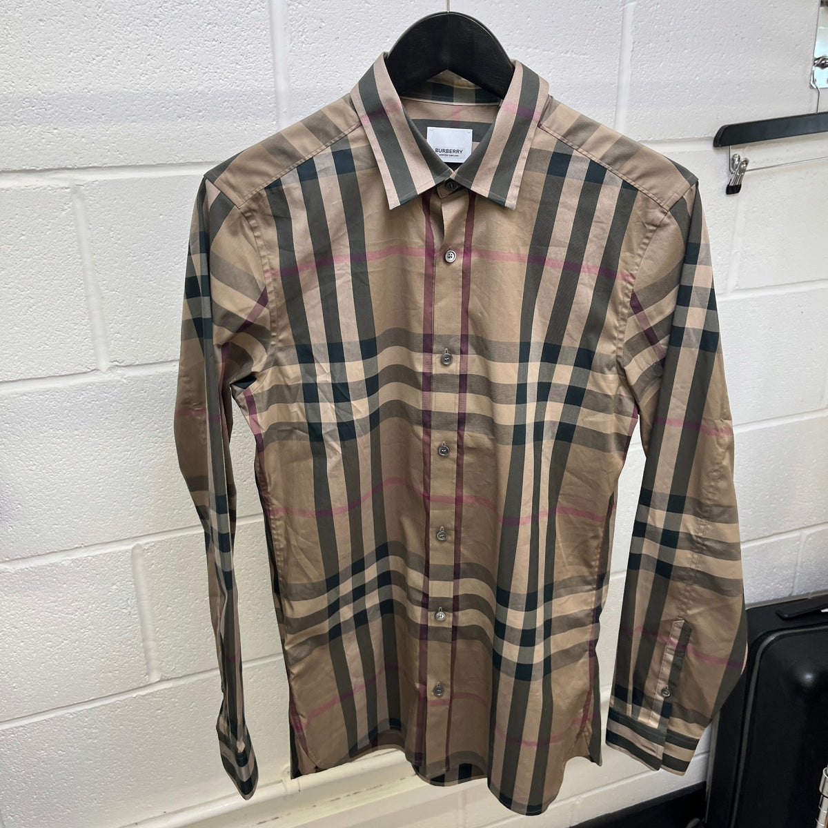 Men's Check Print Long Sleeve Shirt Beige Size S - Photo 8