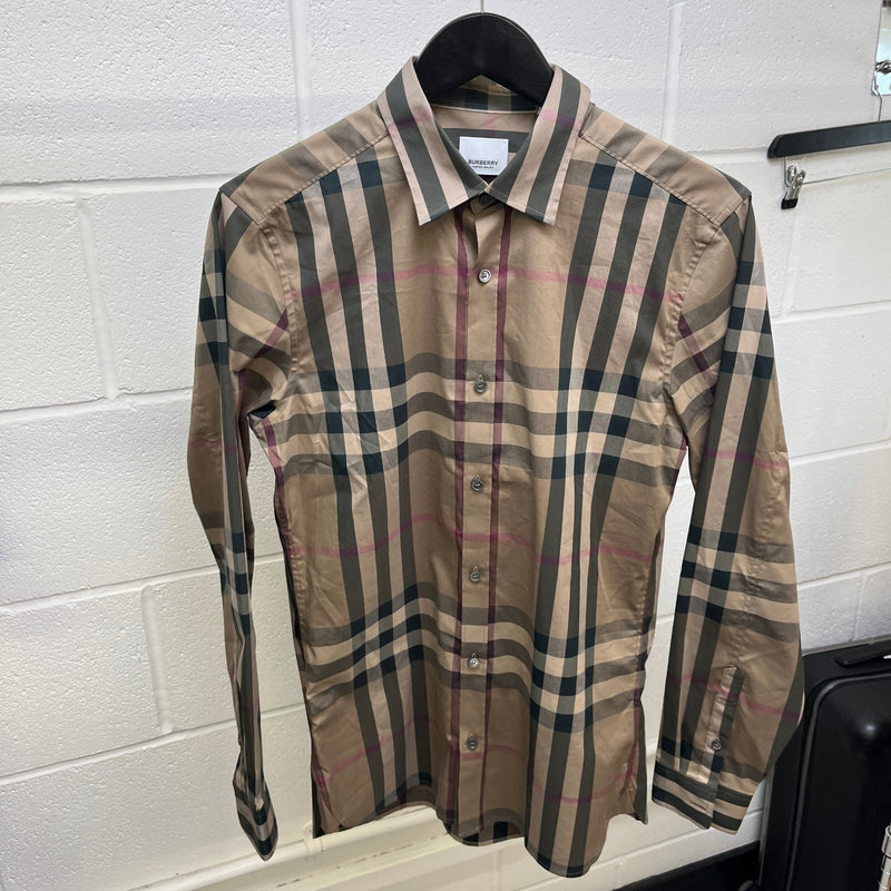Men's Check Print Long Sleeve Shirt Beige Size S