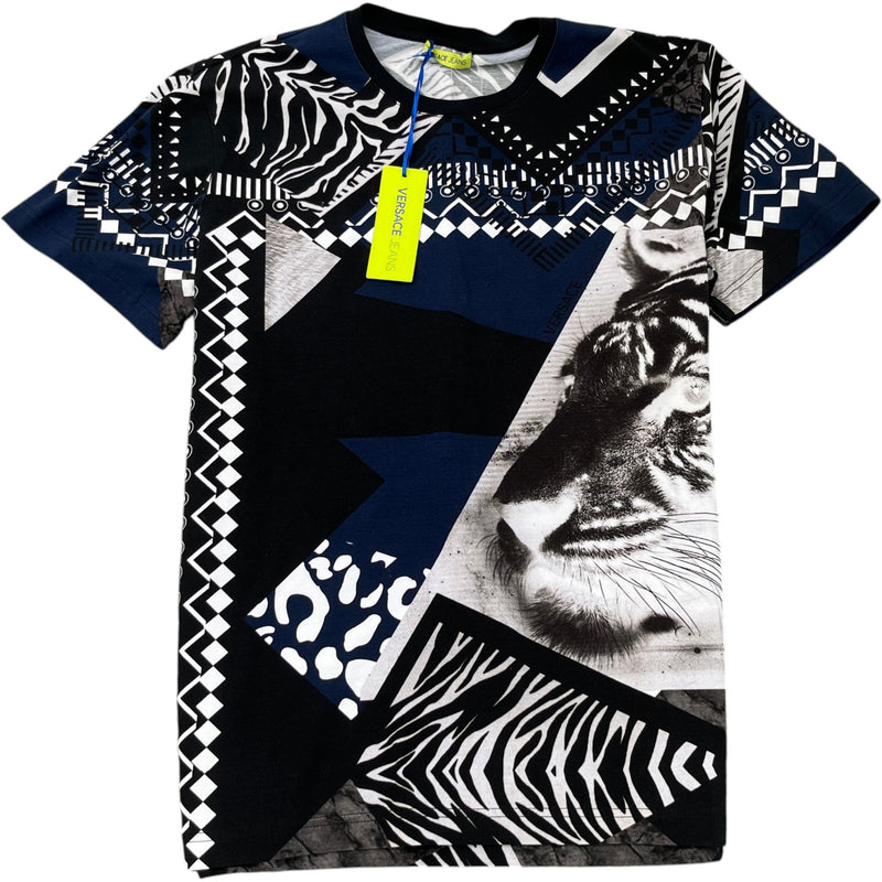 Men's Mixed Media Abstract T-Shirt Black Size XXL