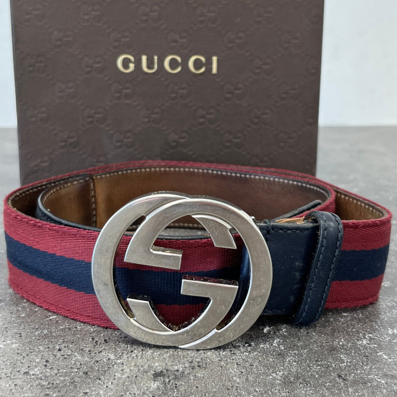 Men's Interlocking G Web Stripe Belt Burgundy Size Waist 34"