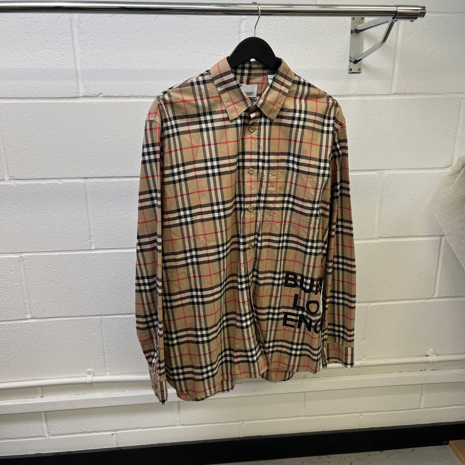 Men's Check Logo Long Sleeve Shirt Beige Size XXL - Photo 8
