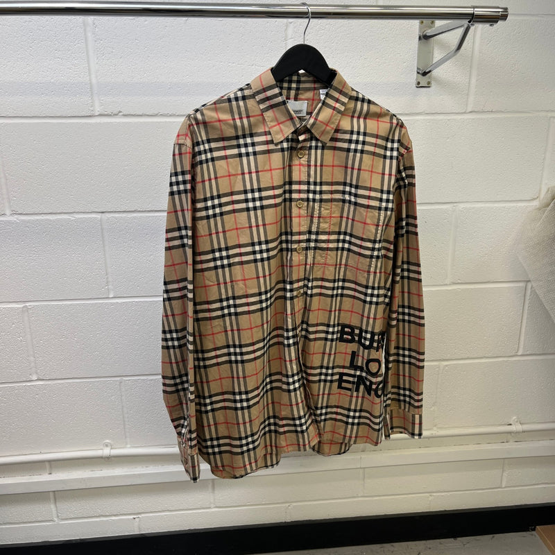 Men's Check Logo Long Sleeve Shirt Beige Size XXL