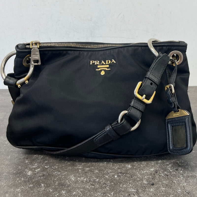 Women's Tessuto Nylon Soft Calfskin Shoulder Bag Black