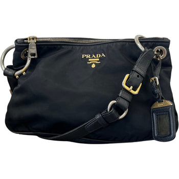 Women's Tessuto Nylon Soft Calfskin Shoulder Bag Black