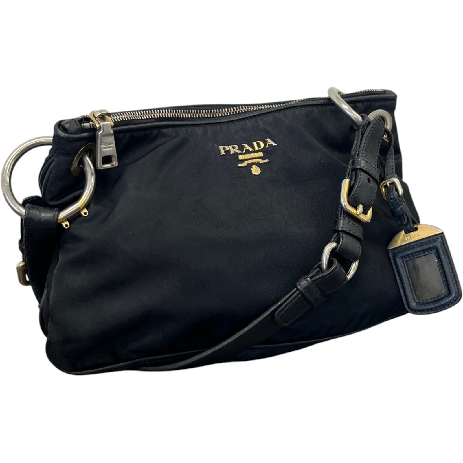 Women's Tessuto Nylon Soft Calfskin Shoulder Bag Black - Photo 4