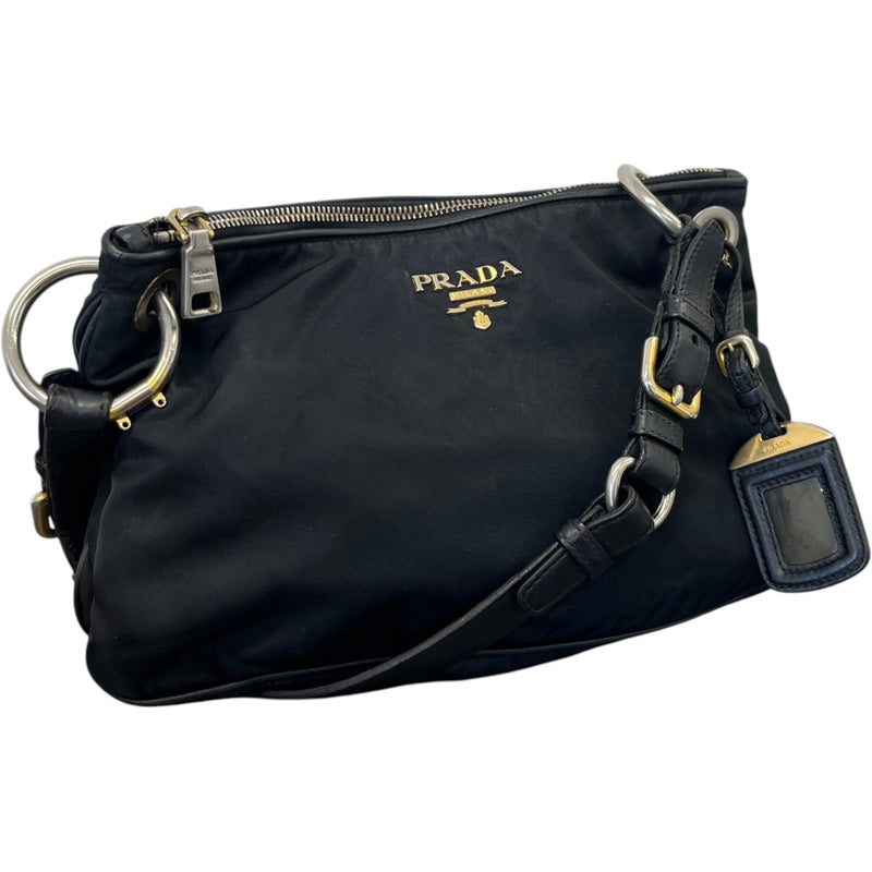 Women's Tessuto Nylon Soft Calfskin Shoulder Bag Black