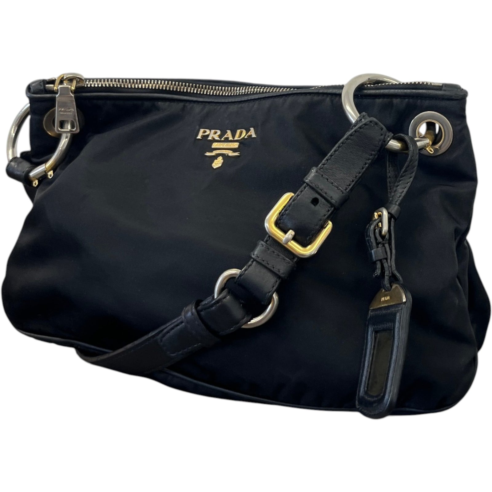 Women's Tessuto Nylon Soft Calfskin Shoulder Bag Black - Photo 5