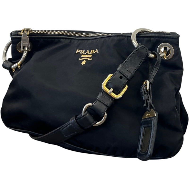 Women's Tessuto Nylon Soft Calfskin Shoulder Bag Black