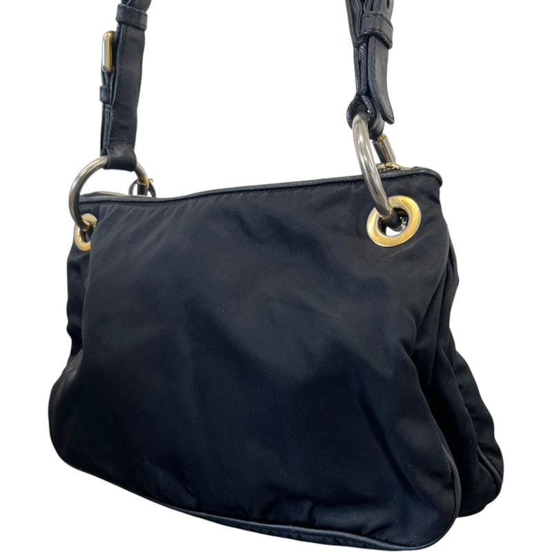 Women's Tessuto Nylon Soft Calfskin Shoulder Bag Black