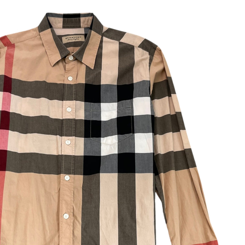 Men's Check Print Long Sleeve Shirt Beige Size L