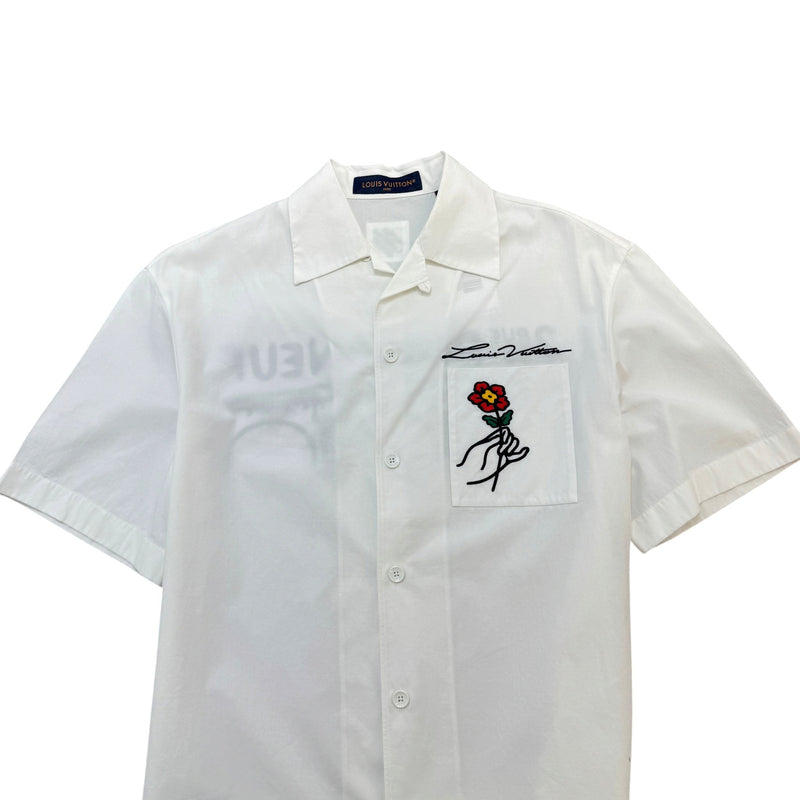 Men's Embroidered Floral Logo Short Sleeve Shirt White Size L