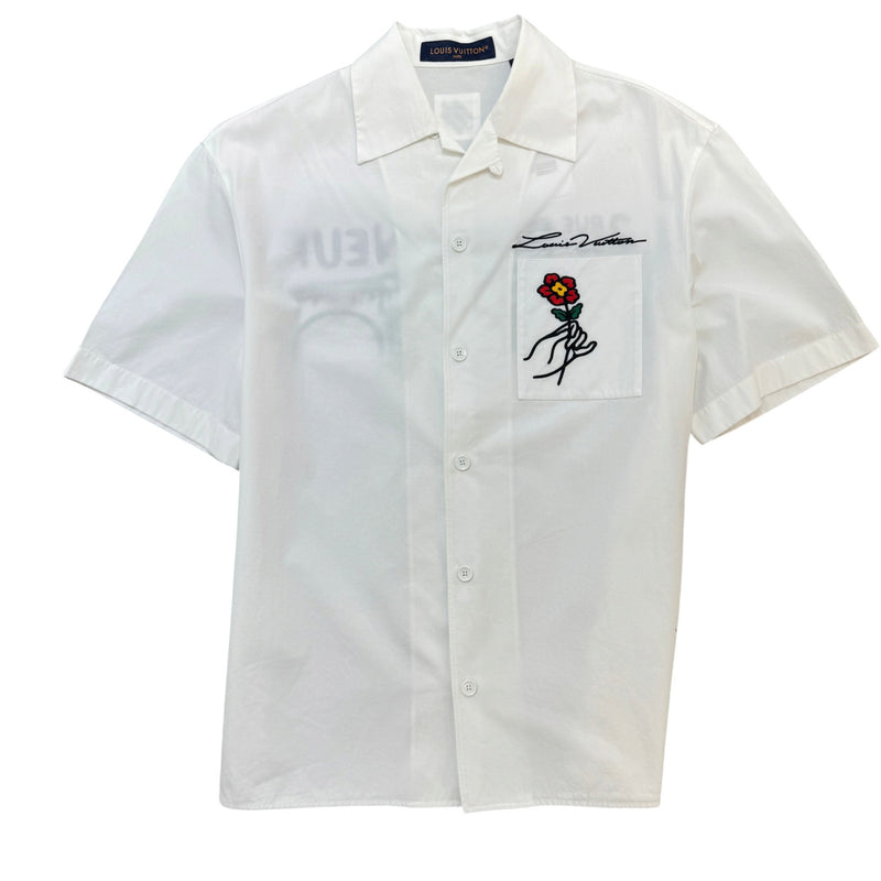 Men's Embroidered Floral Logo Short Sleeve Shirt White Size L