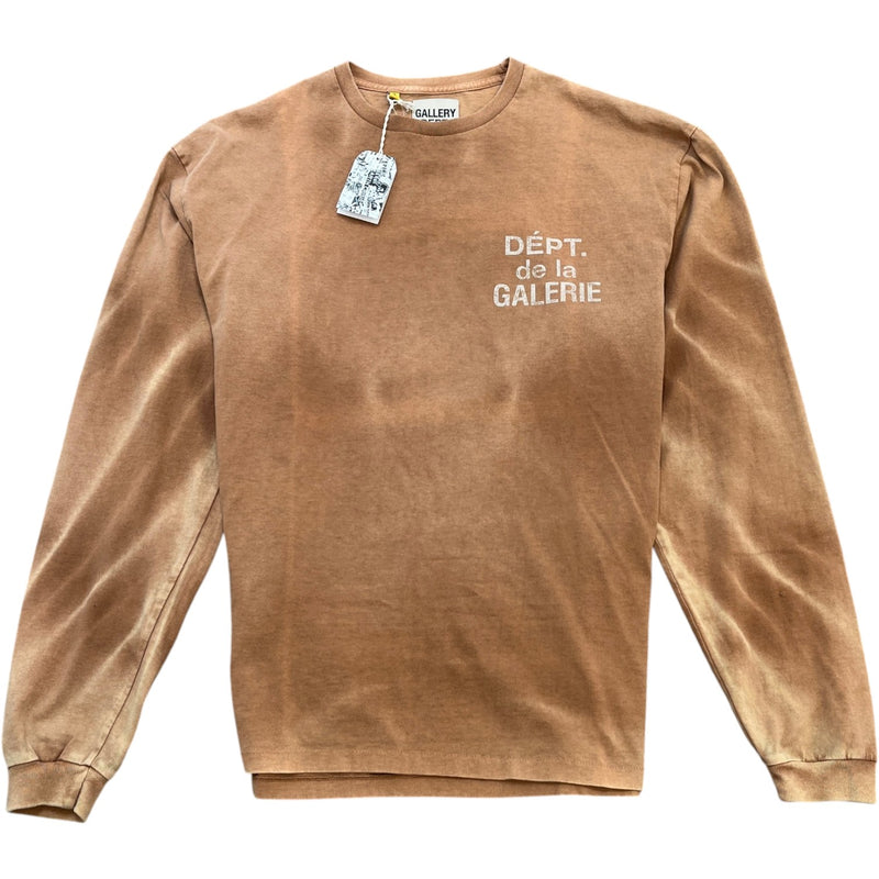 Men's Washed Distressed Logo Print Long Sleeve T-Shirt Beige Size XL