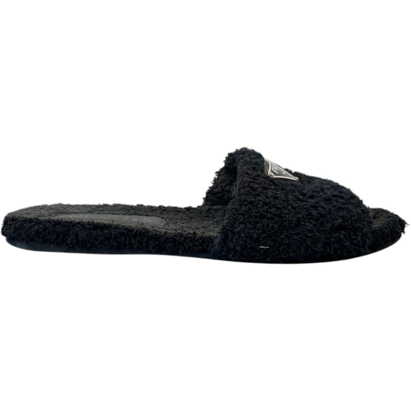 Women's Shearling Plaque Logo Slides Black Size EU 37 / UK 4