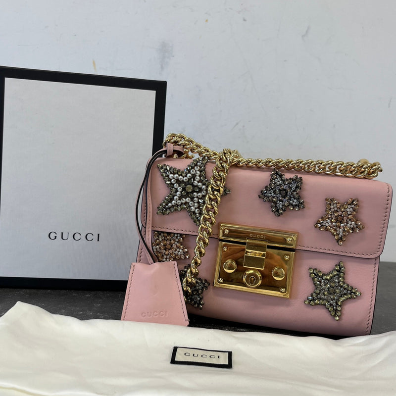 Women's Crystal Star Embroidered Small Padlock Handbag Pink