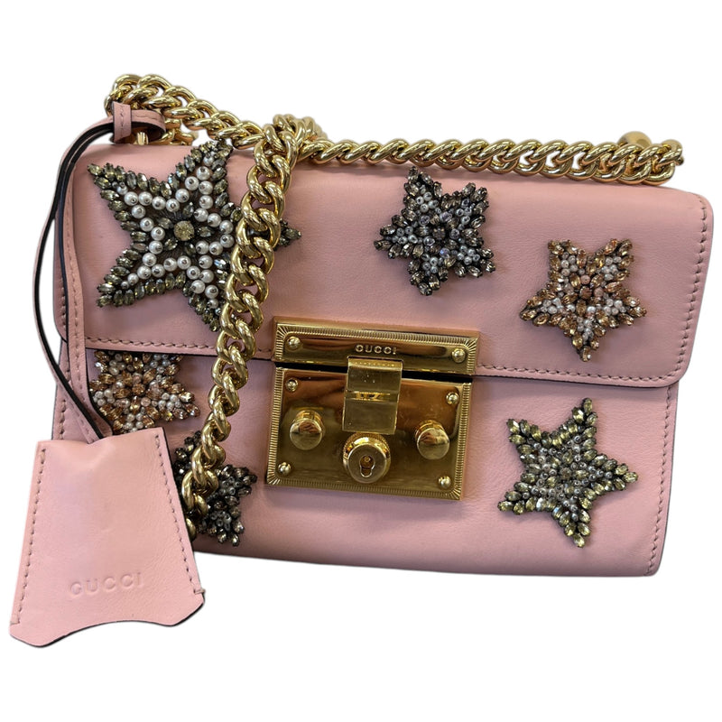 Women's Crystal Star Embroidered Small Padlock Handbag Pink