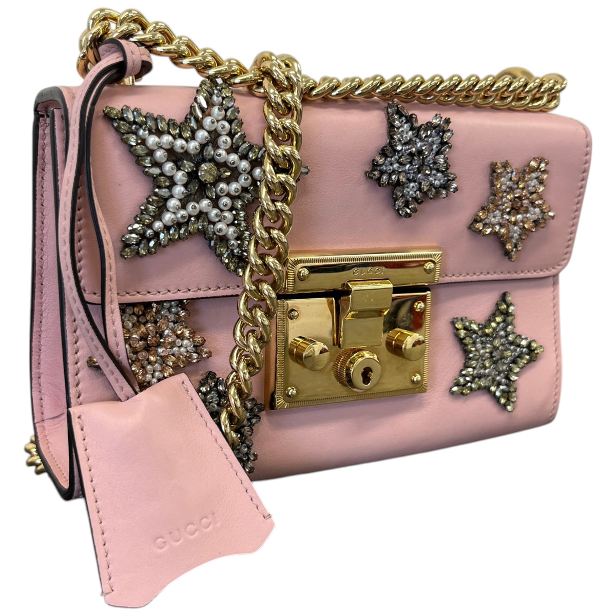 Women's Crystal Star Embroidered Small Padlock Handbag Pink - Photo 4