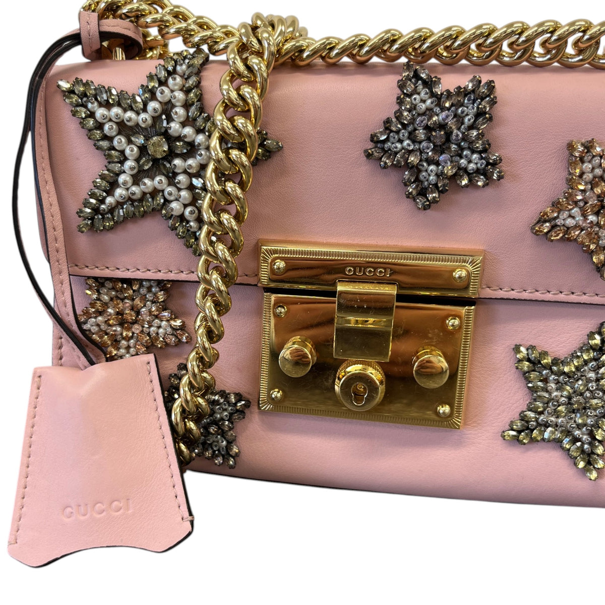 Women's Crystal Star Embroidered Small Padlock Handbag Pink - Photo 11