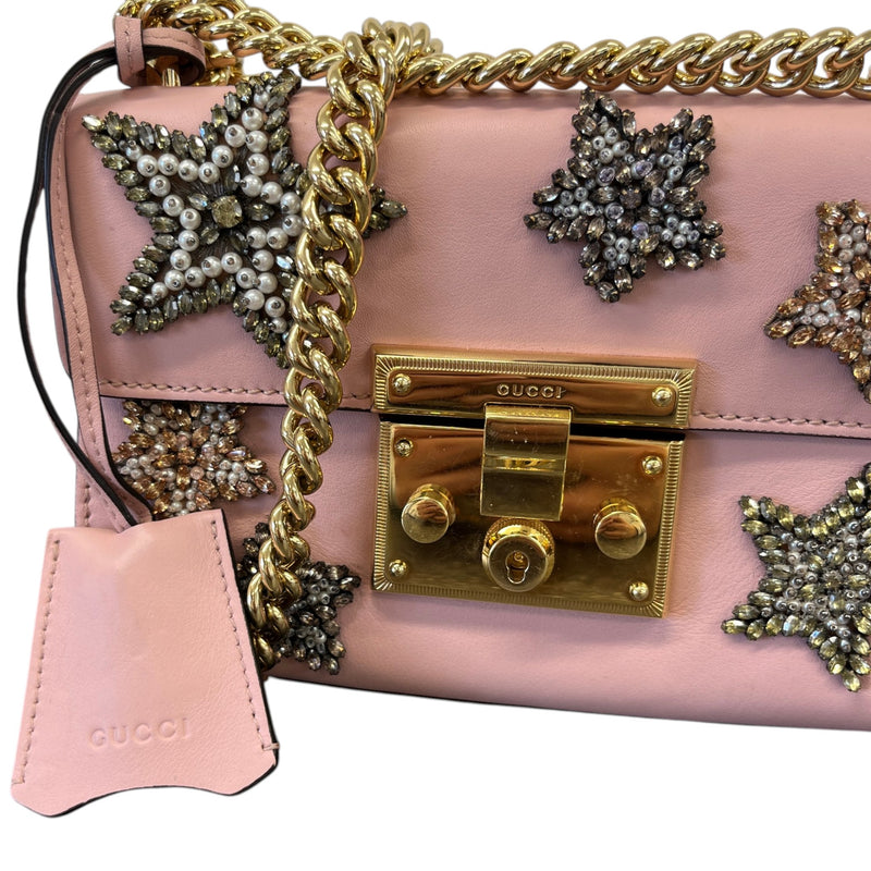Women's Crystal Star Embroidered Small Padlock Handbag Pink