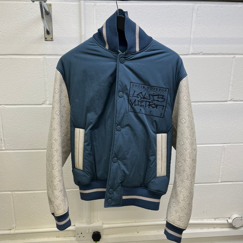 Men's Embroidered Logo Monogram Varsity Jacket Blue Size M