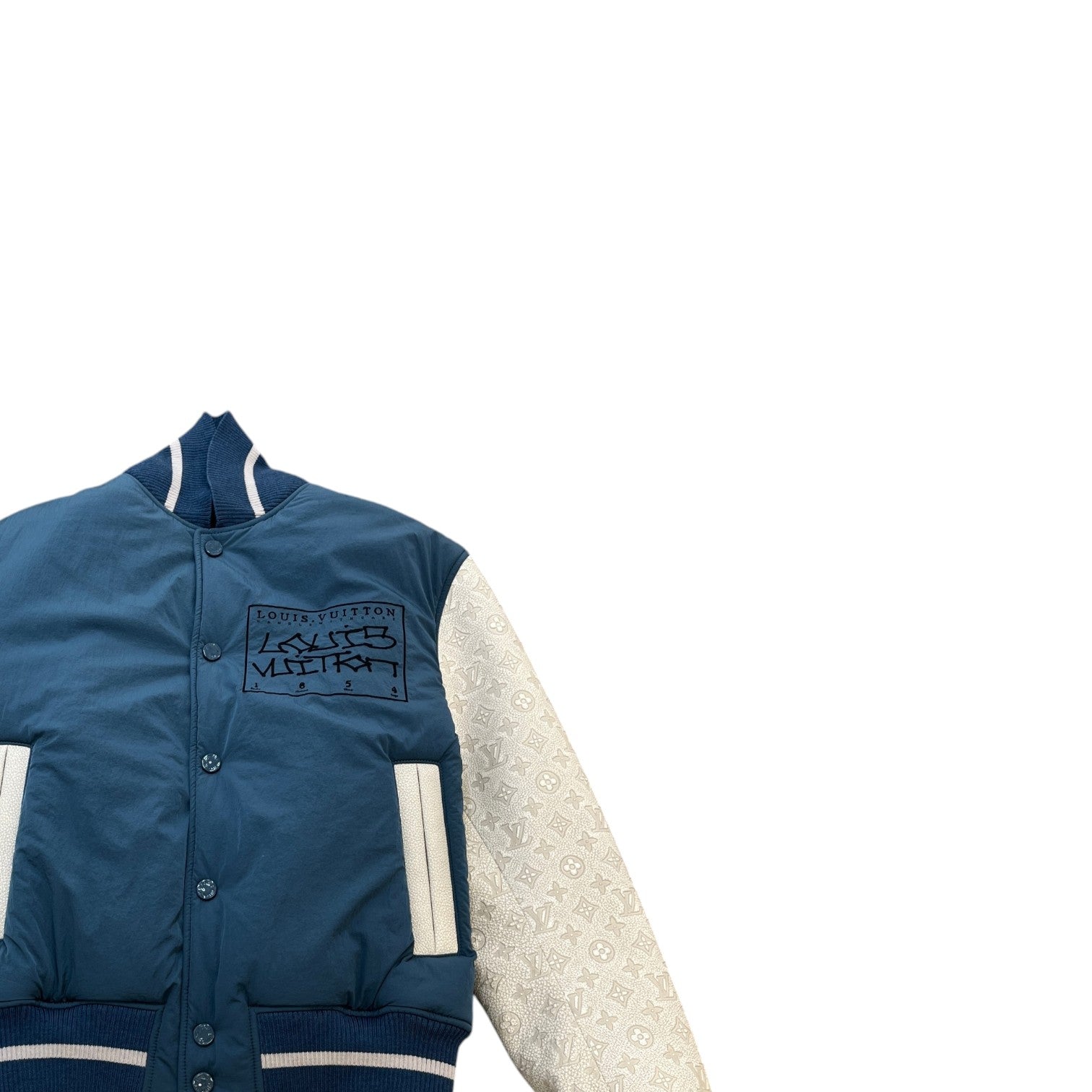 Men's Embroidered Logo Monogram Varsity Jacket Blue Size M - Photo 3