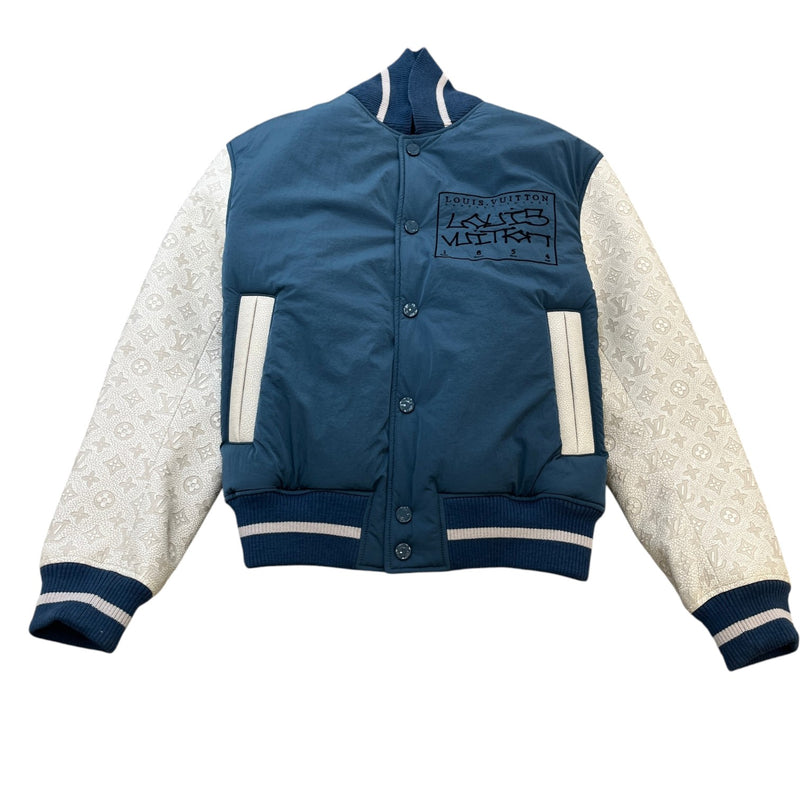 Men's Embroidered Logo Monogram Varsity Jacket Blue Size M
