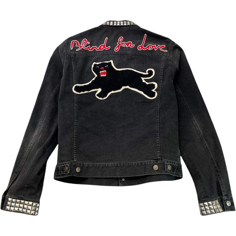 Men's Black Panther Embroidery Studded Jacket Black Size IT 52 / XL