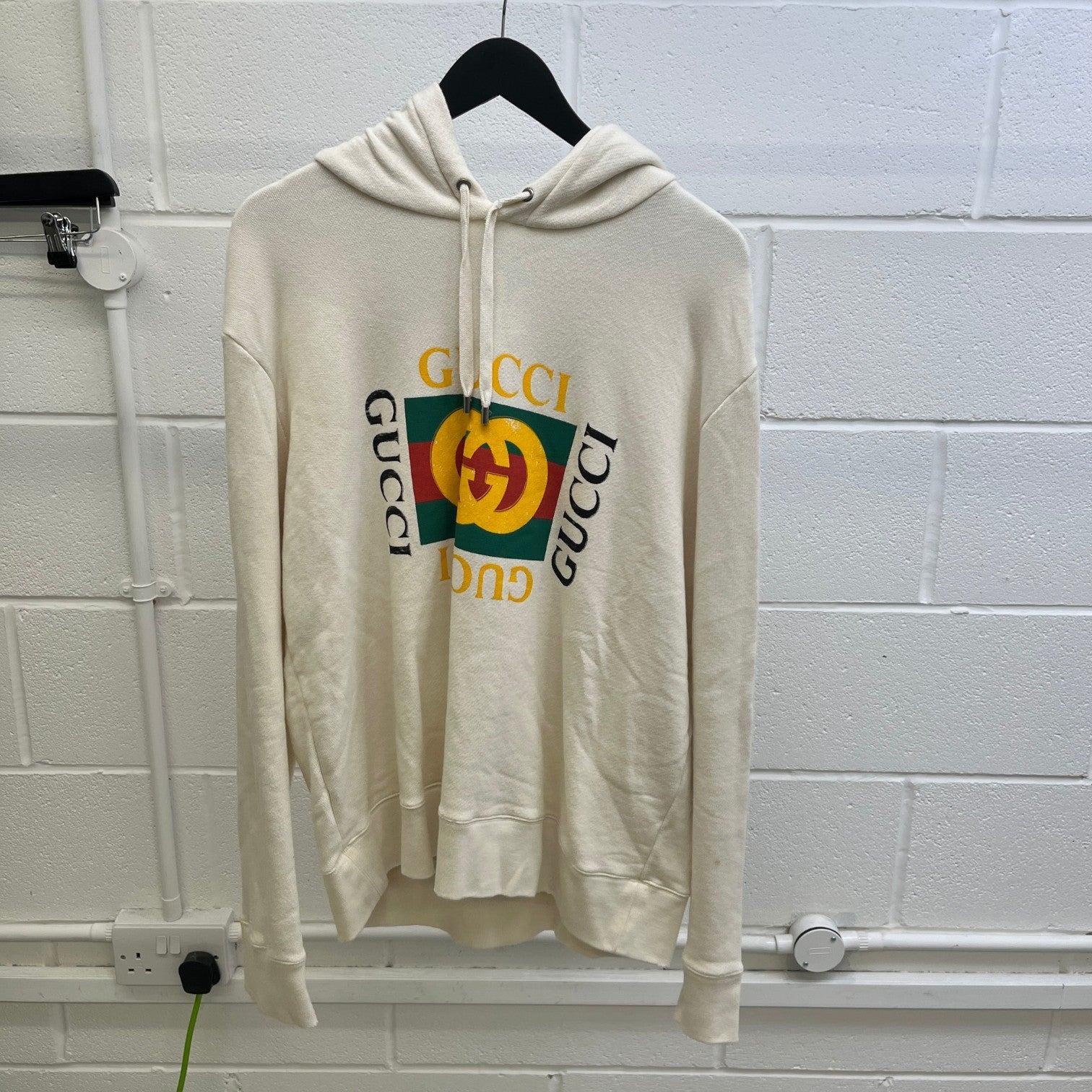 Men's Distressed Logo Print Hoodie Cream Size XL - Photo 9