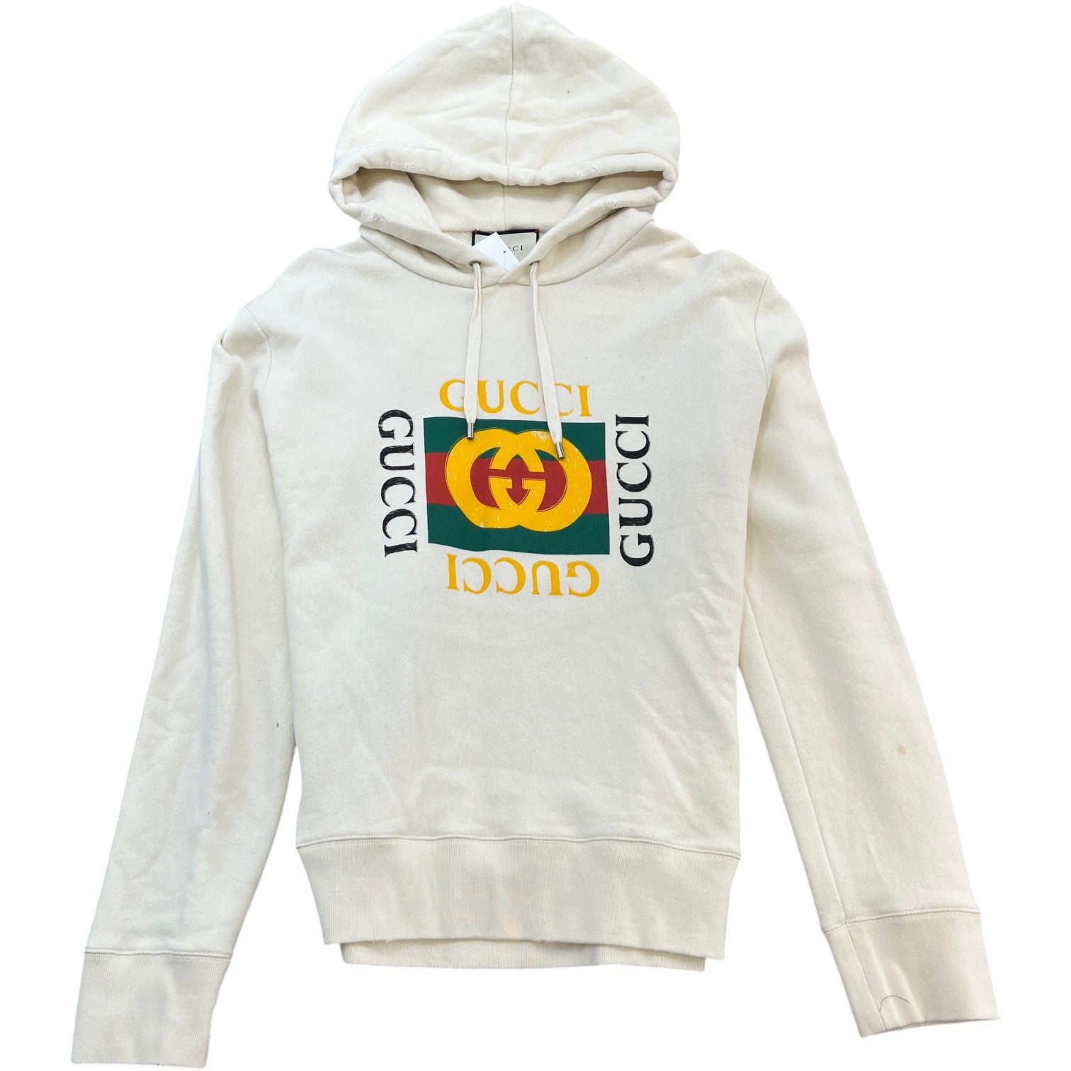 Men's Distressed Logo Print Hoodie Cream Size XL - Photo 1
