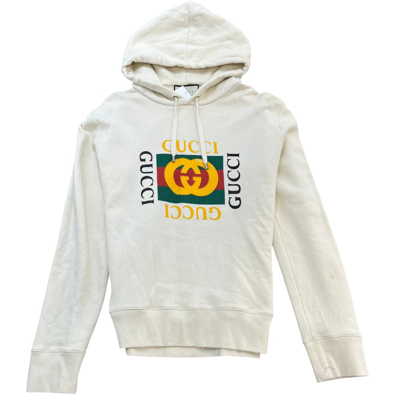 Men's Distressed Logo Print Hoodie Cream Size XL