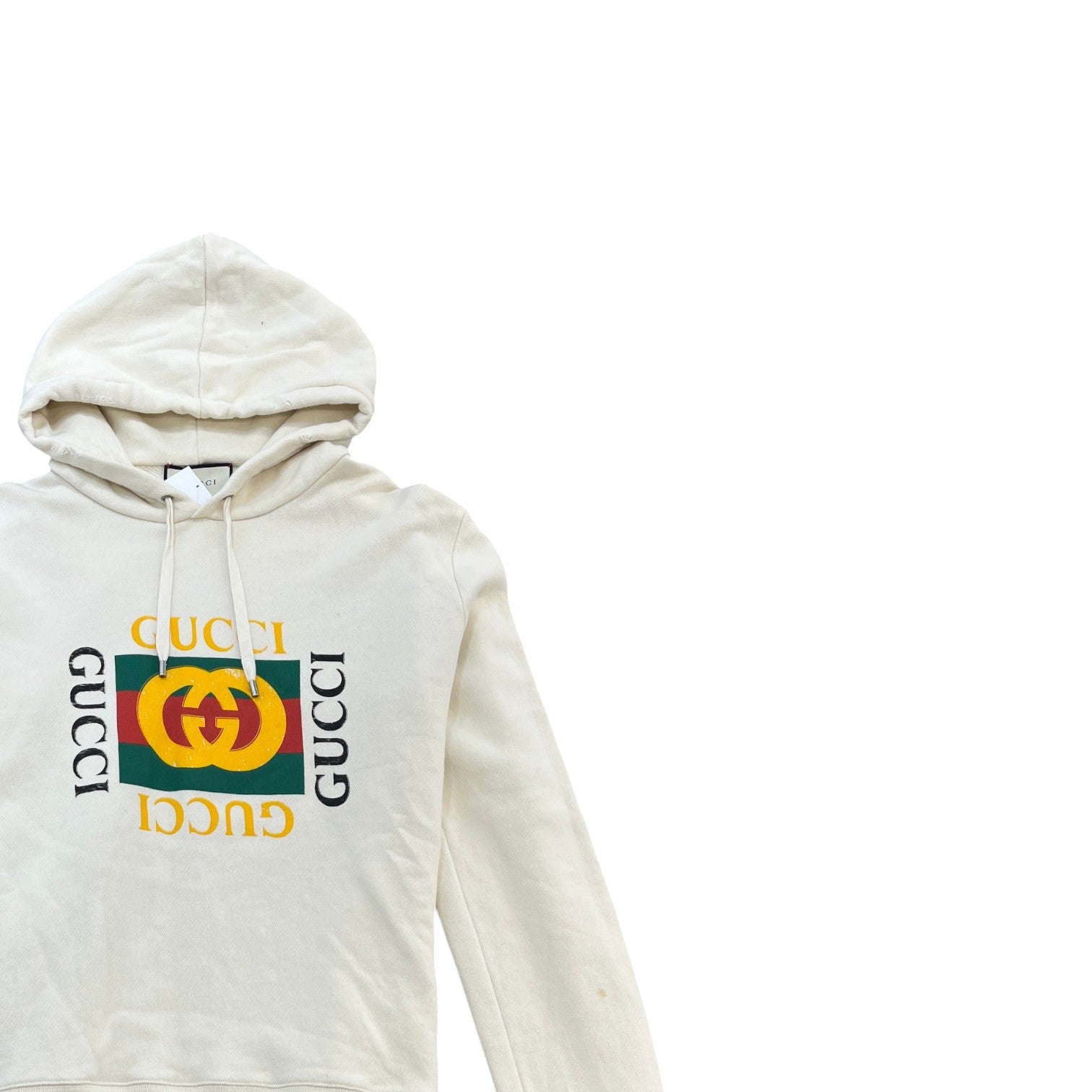 Men's Distressed Logo Print Hoodie Cream Size XL - Photo 3