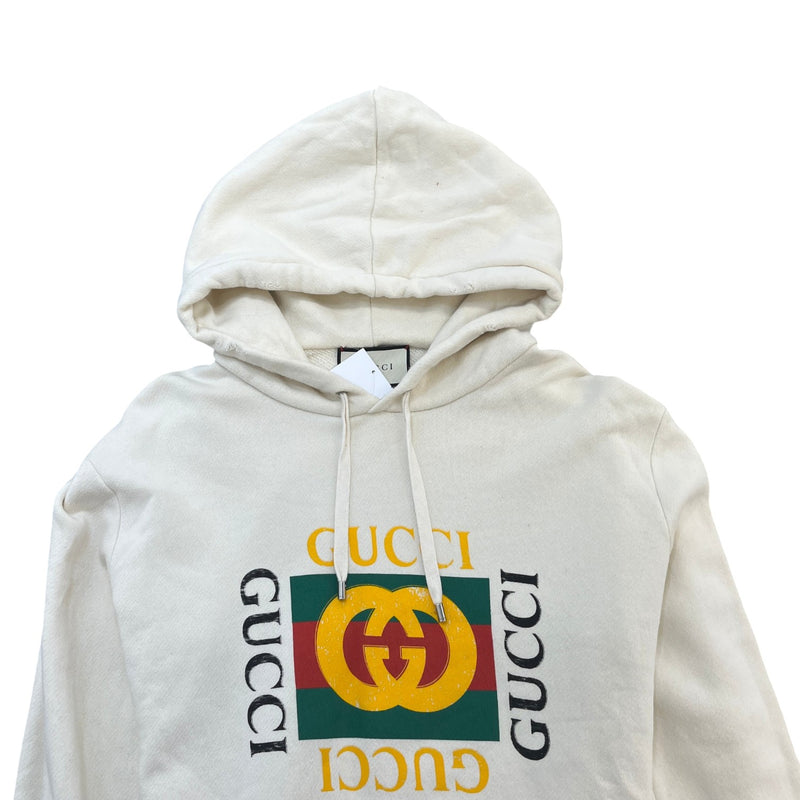 Men's Distressed Logo Print Hoodie Cream Size XL