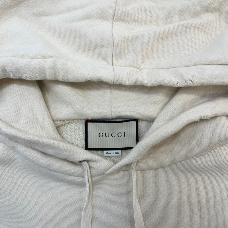 Men's Distressed Logo Print Hoodie Cream Size XL