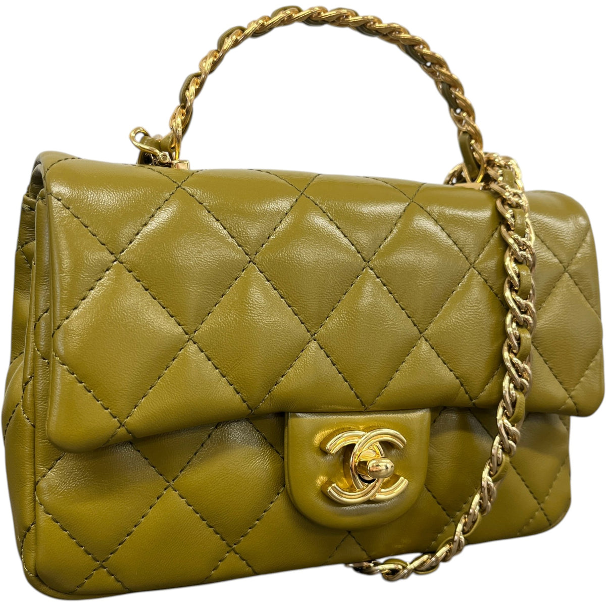 Women's Top Handle Mini Rectangle Gold Cap Handbag Green - Photo 4