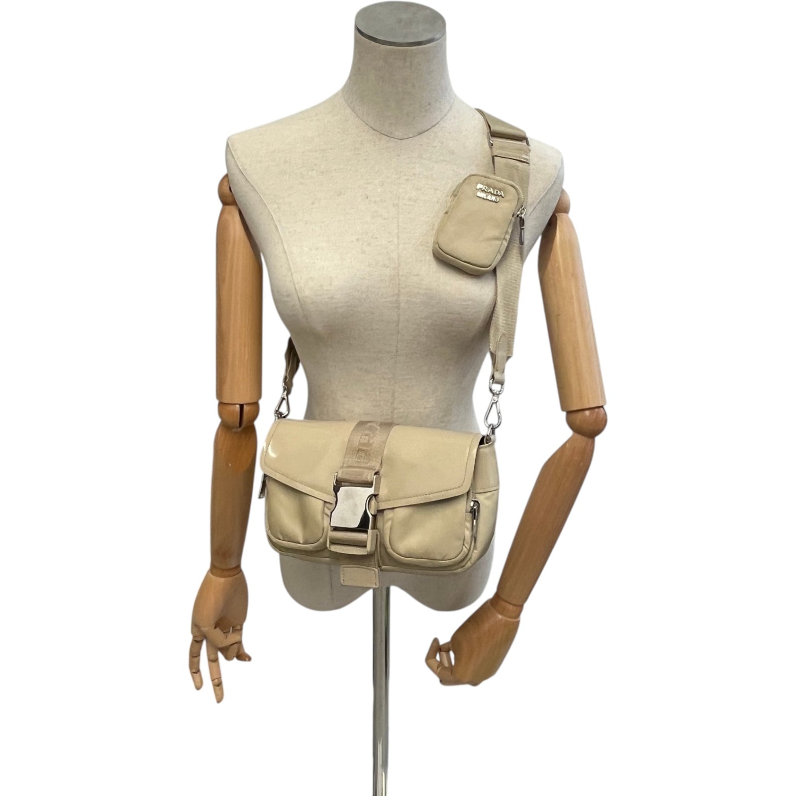 Women's Re-Nylon Spazzolato Double Pocket Bag Beige - Photo 2