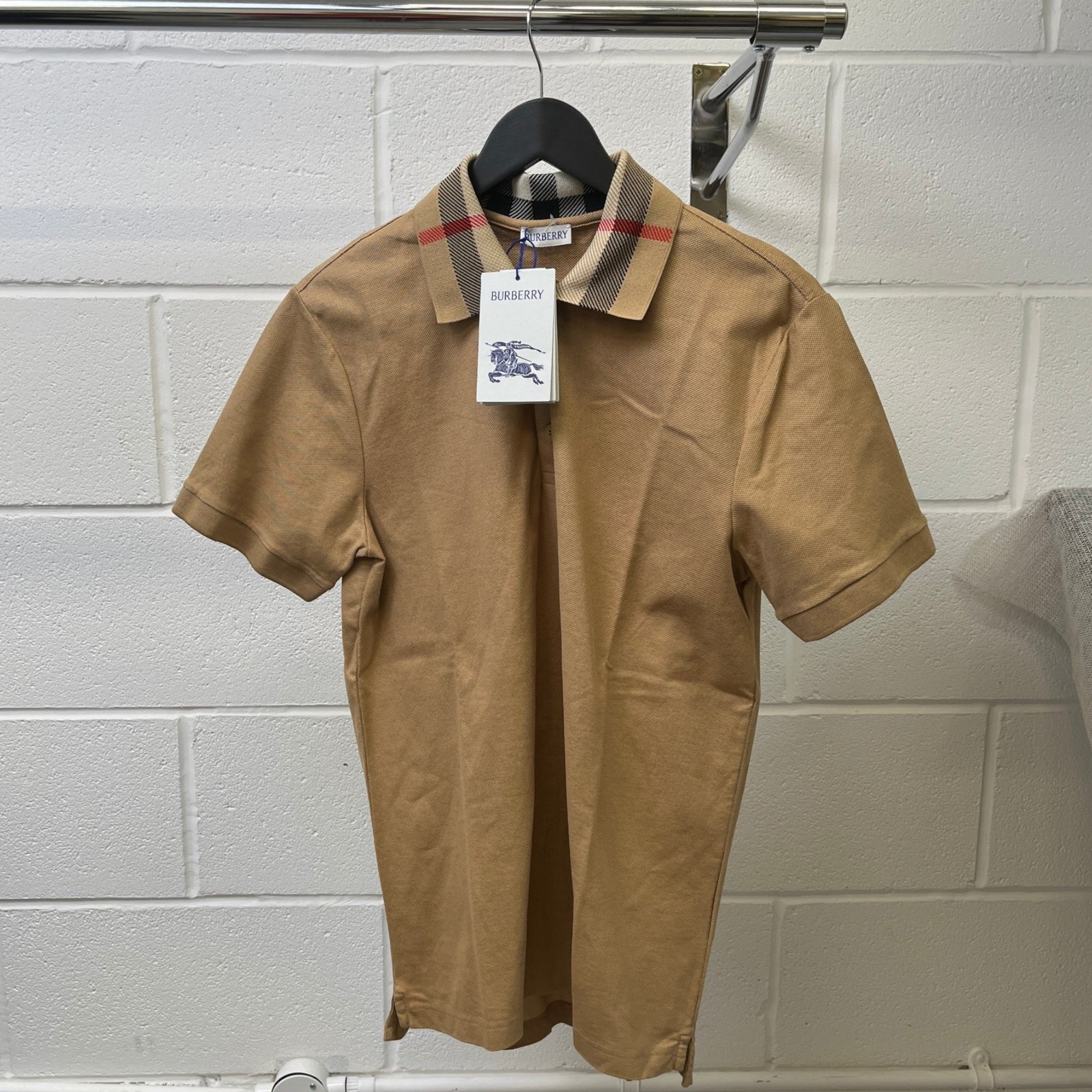 Men's Check Collar Polo Shirt Beige Size M - Photo 9