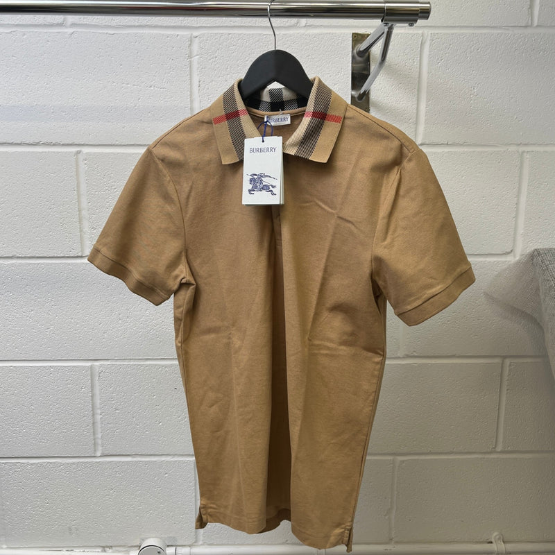 Men's Check Collar Polo Shirt Beige Size M