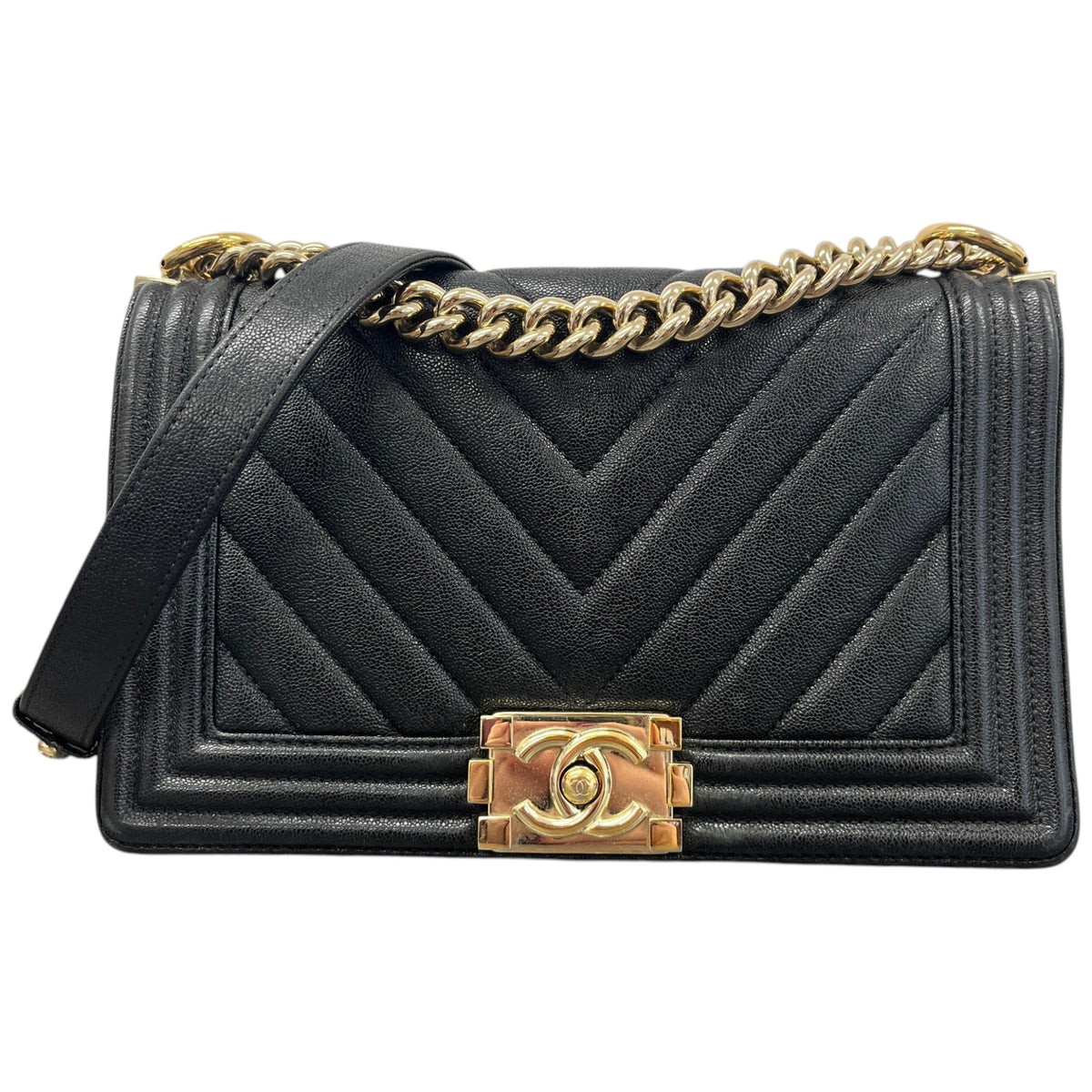 Women's Chevron Boy Bag Medium Caviar Handbag Black - Photo 1