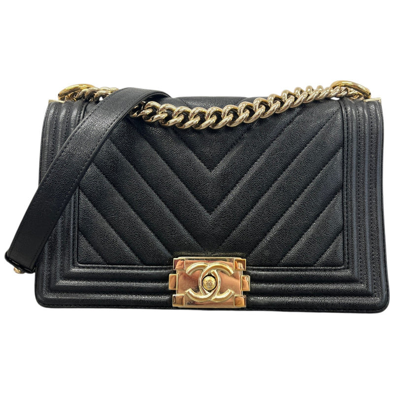 Women's Chevron Boy Bag Medium Caviar Handbag Black